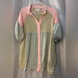 Fantastic Fawn Mixed Plaid Bubble Sleeve Tunic